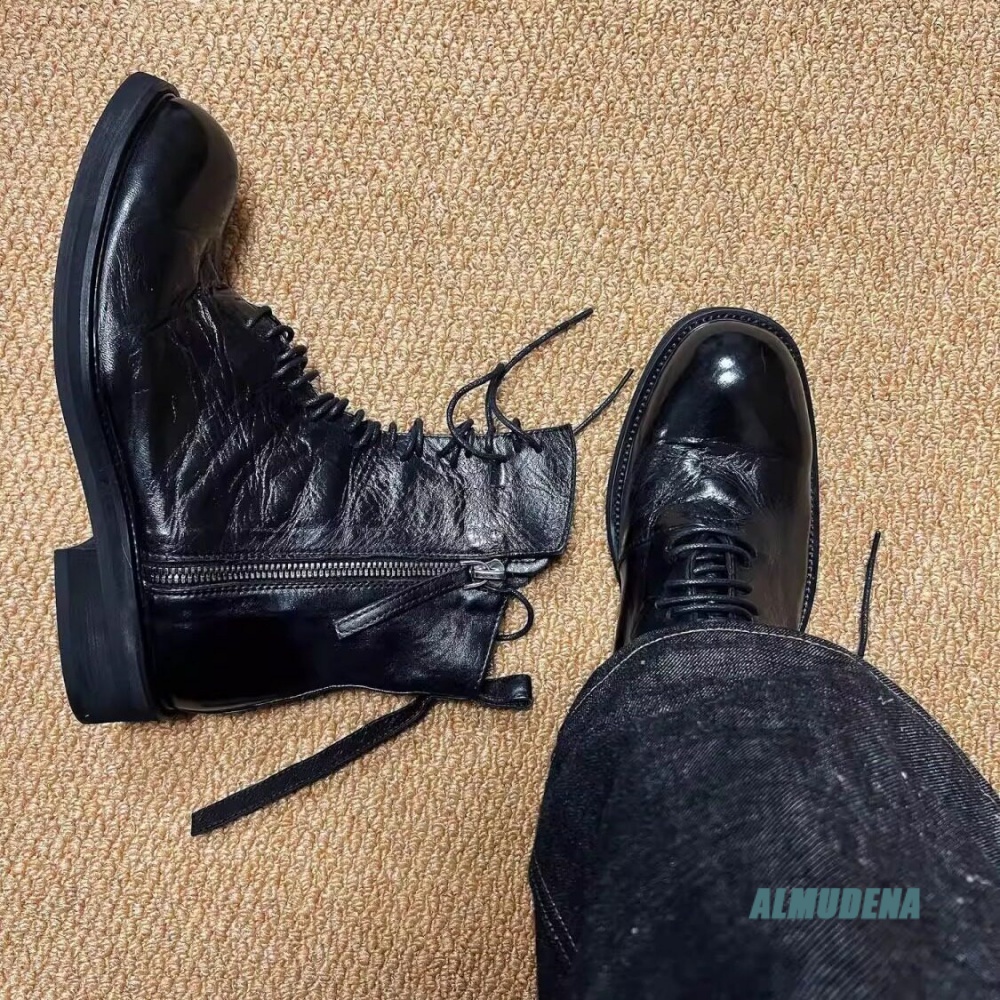 Block Heel Ankle Boots - 블랙 가죽 트렌디 남성 하이탑 부츠