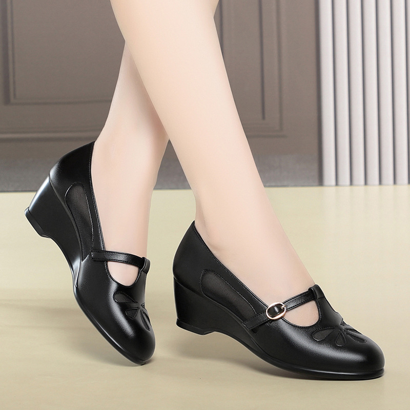 Women'S Shoes Non Slip - 중년 여성 여름 메쉬 컷아웃 웨지힐