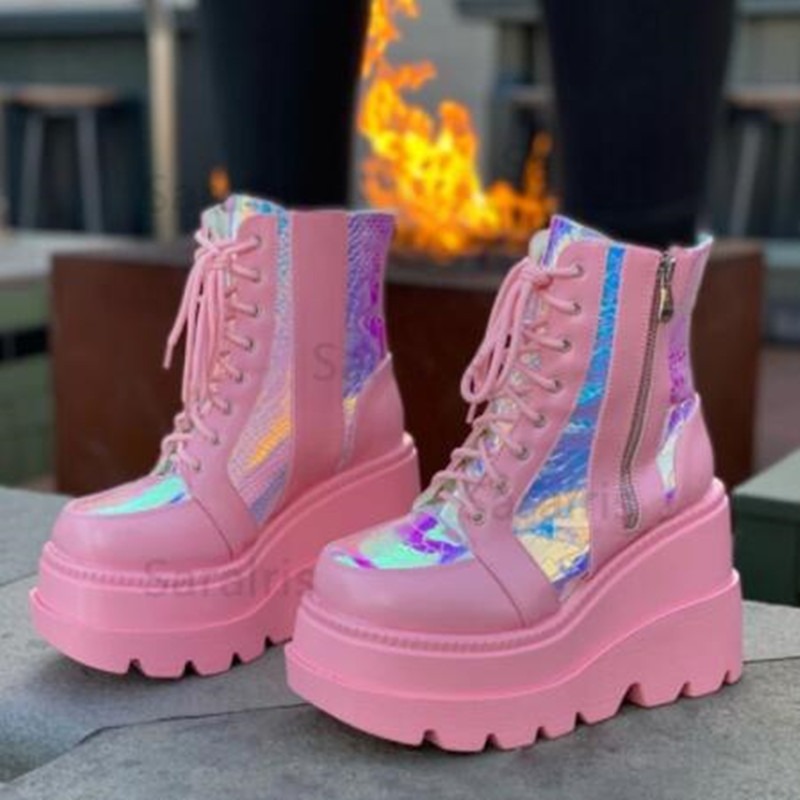 Block Heel Ankle Boots - 여성용 핑크 홀로그램 플랫폼 앵클 부츠