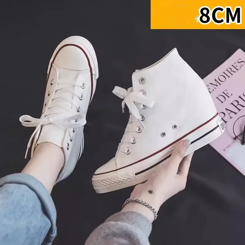 Block Heel Ankle Boots - 여성용 8cm 플랫폼 캔버스 슈즈, 히든