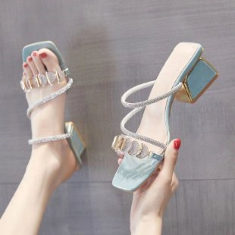 Clear Strap Heel - 여성 여름 라인스톤 투명 스트랩 샌들