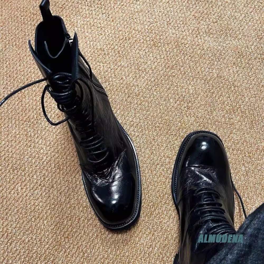 블랙 가죽 트렌디 남성 하이탑 부츠 레이스업 사이드 메 - Block Heel Ankle Boots 리뷰 및 가격