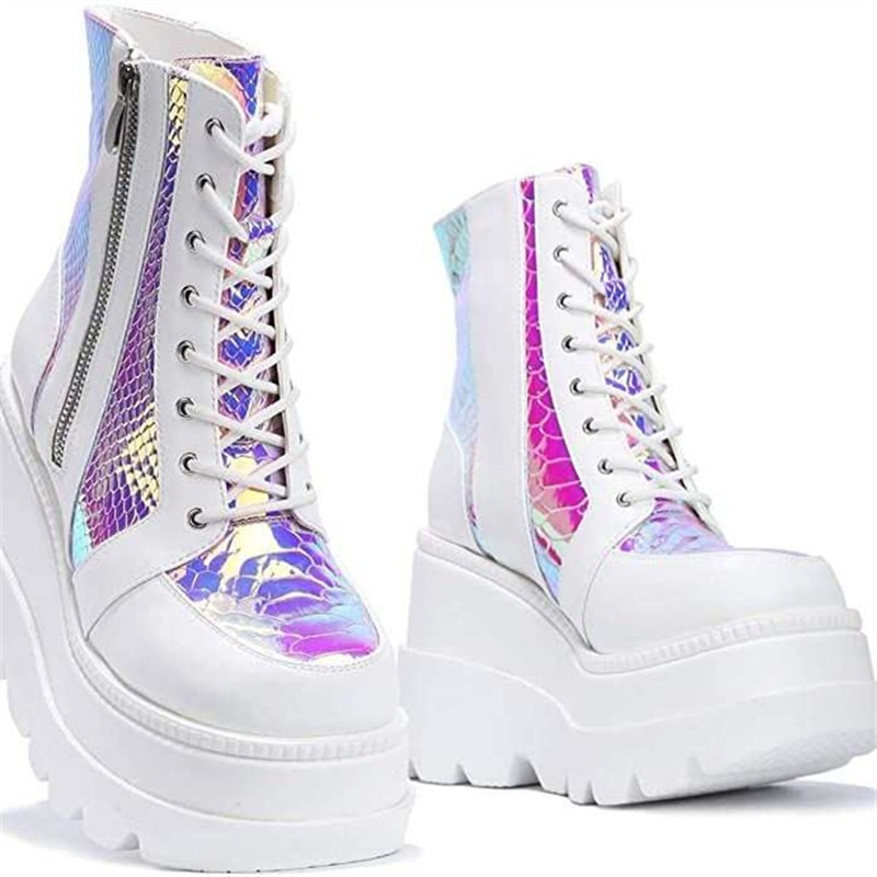 여성용 핑크 홀로그램 플랫폼 앵클 부츠 패션 고딕 웨지 - Block Heel Ankle Boots 리뷰 및 가격