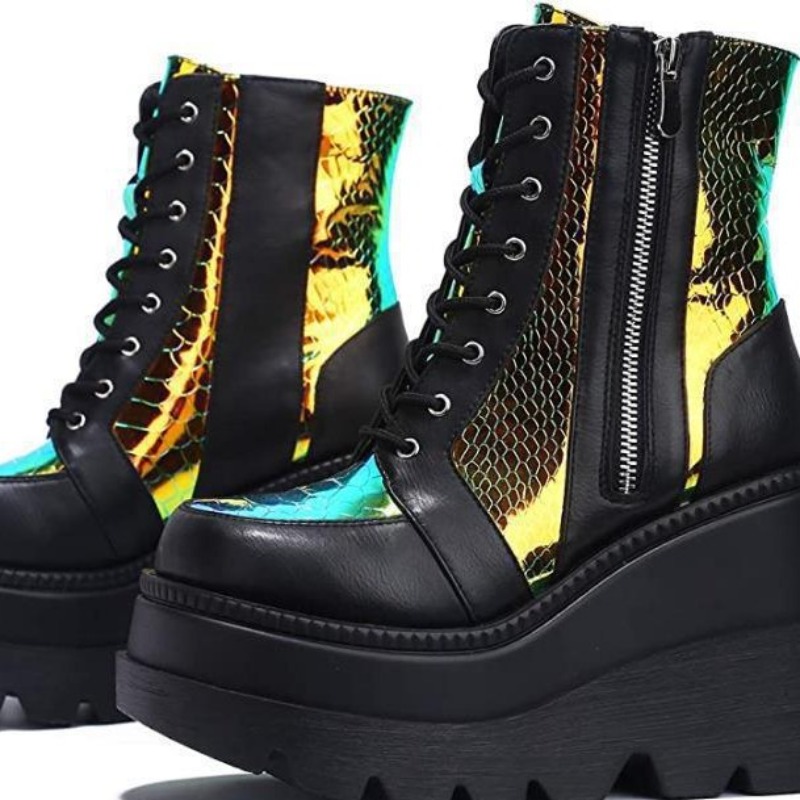 여성용 핑크 홀로그램 플랫폼 앵클 부츠 패션 고딕 웨지 - Block Heel Ankle Boots 리뷰 및 가격