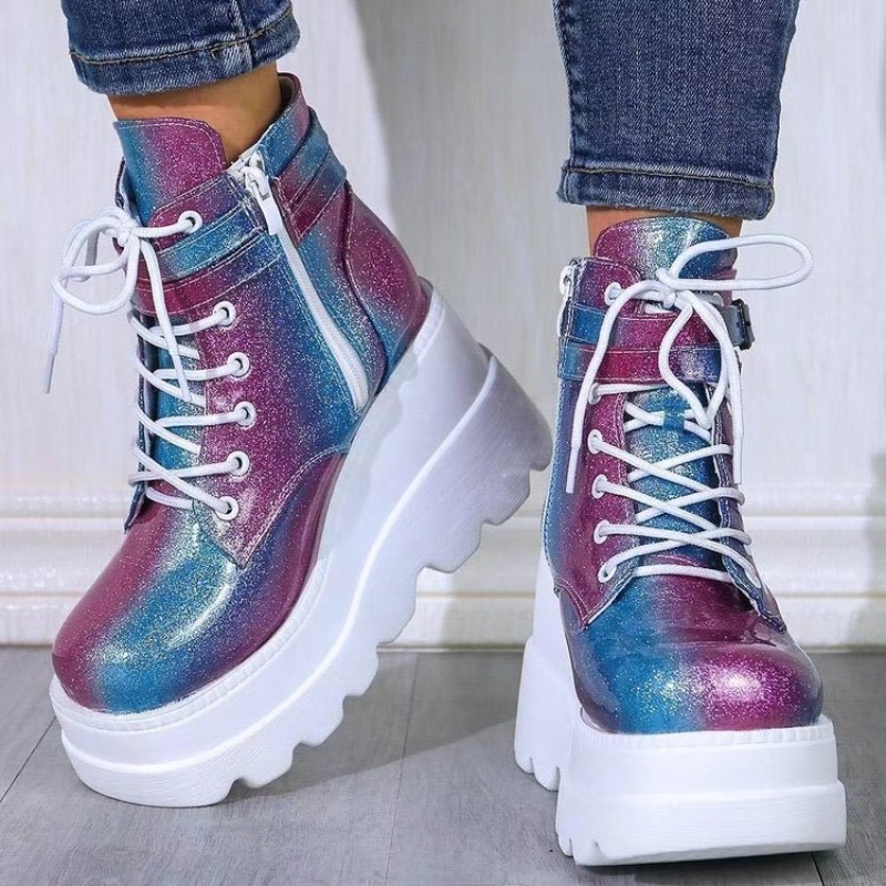 여성용 핑크 홀로그램 플랫폼 앵클 부츠 패션 고딕 웨지 - Block Heel Ankle Boots 리뷰 및 가격