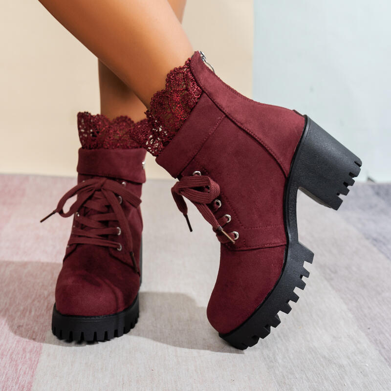 섹시 레이스 패치워크 두꺼운 굽 하이힐 앵클 부츠 청키 - Women'S Shoes Red Bottoms 리뷰 및 가격