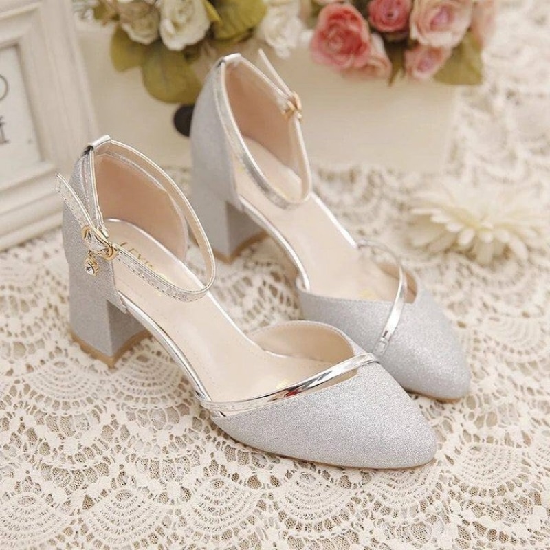 여성용 글리터 청키 블록 힐 펌프스, 라인스톤 장식의  - Ankle Strap Heels 리뷰 및 가격