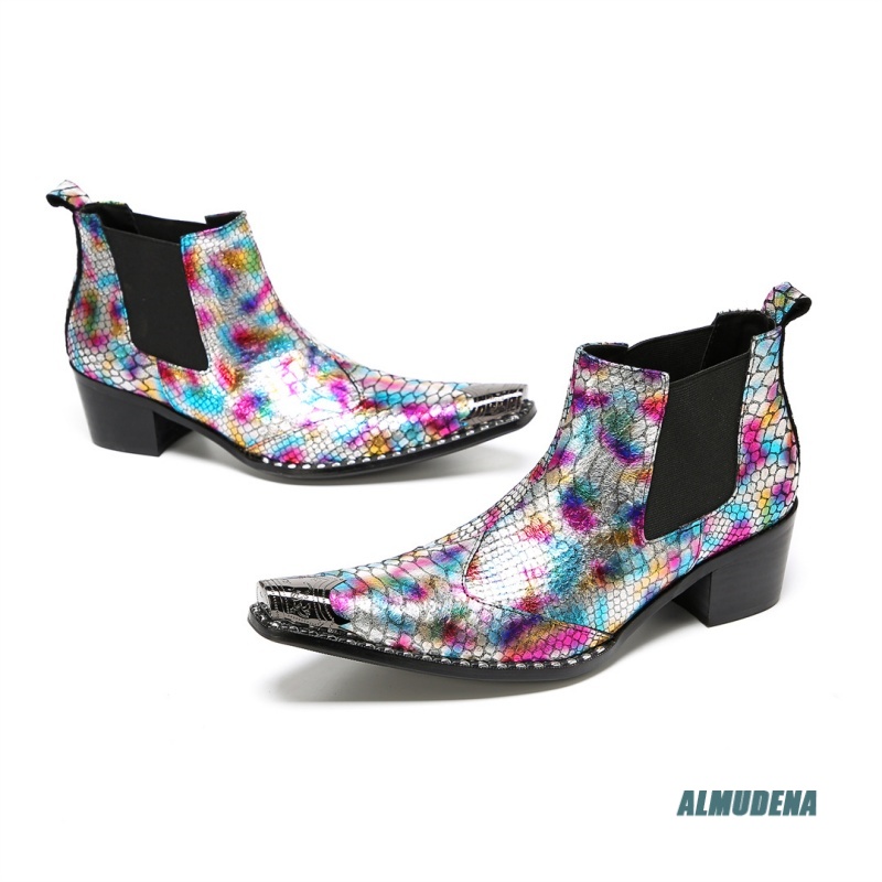 멀티컬러 메탈릭 스네이크 프린트 포인티드 토 블록 힐  - Block Heel Ankle Boots 리뷰 및 가격