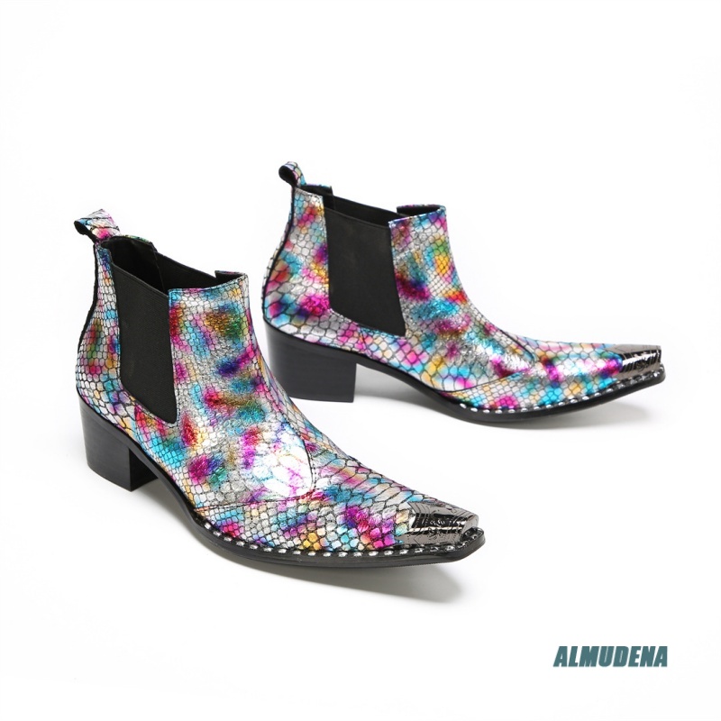멀티컬러 메탈릭 스네이크 프린트 포인티드 토 블록 힐  - Block Heel Ankle Boots 리뷰 및 가격