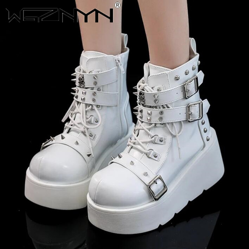 여성용 웨지 하이힐 부츠, 금속 장식 버클, 펑크 플랫 - Block Heel Ankle Boots 리뷰 및 가격