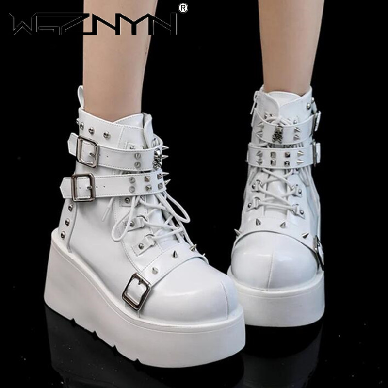 여성용 웨지 하이힐 부츠, 금속 장식 버클, 펑크 플랫 - Block Heel Ankle Boots 리뷰 및 가격