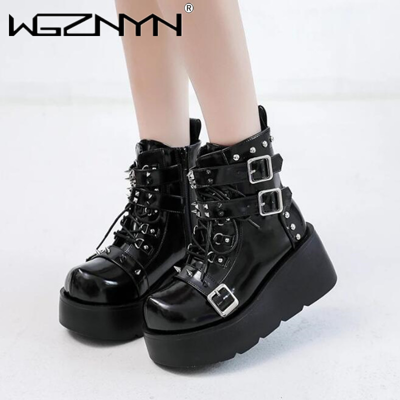 여성용 웨지 하이힐 부츠, 금속 장식 버클, 펑크 플랫 - Block Heel Ankle Boots 리뷰 및 가격