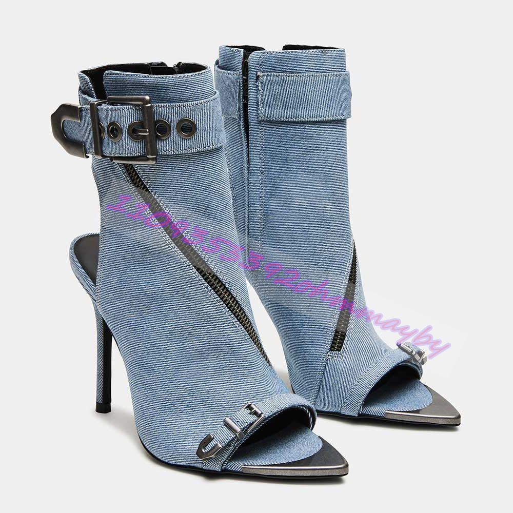 여름 블루 데님 포인티드 토 부츠 여성용 오픈 토 가죽 - Women Shoes Boots 리뷰 및 가격