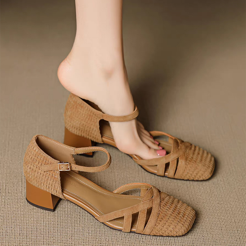 레트로 직조 하이힐 샌들 여성 2025 여름 스퀘어 토 - Ankle Strap Heels 리뷰 및 가격
