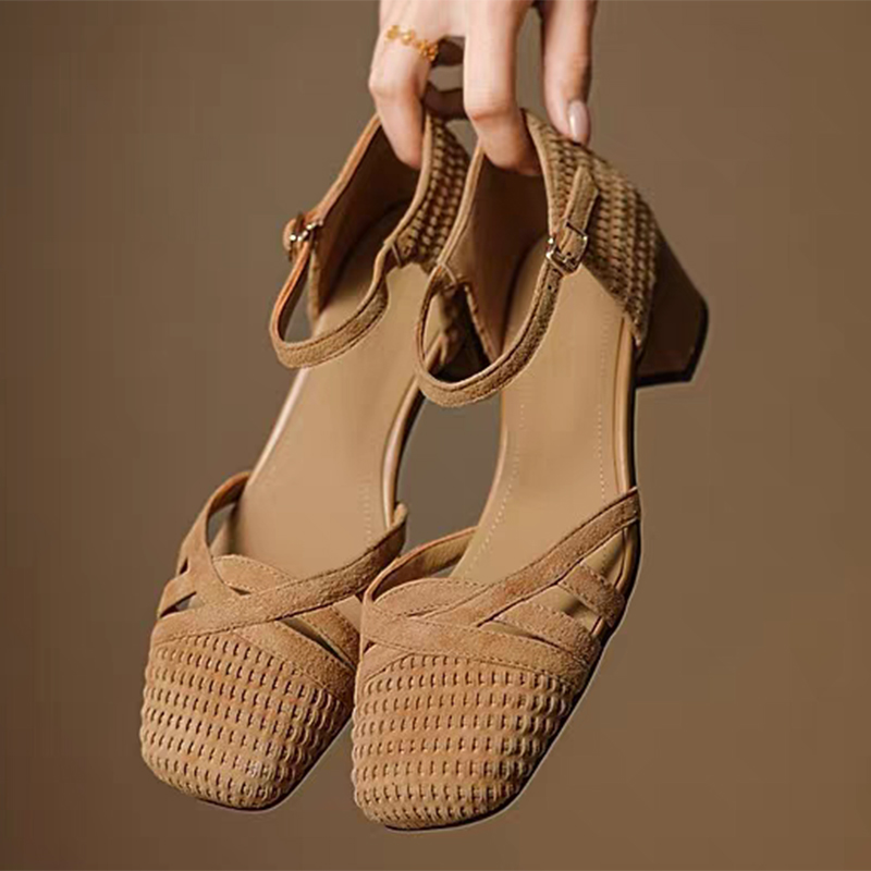 레트로 직조 하이힐 샌들 여성 2025 여름 스퀘어 토 - Ankle Strap Heels 리뷰 및 가격
