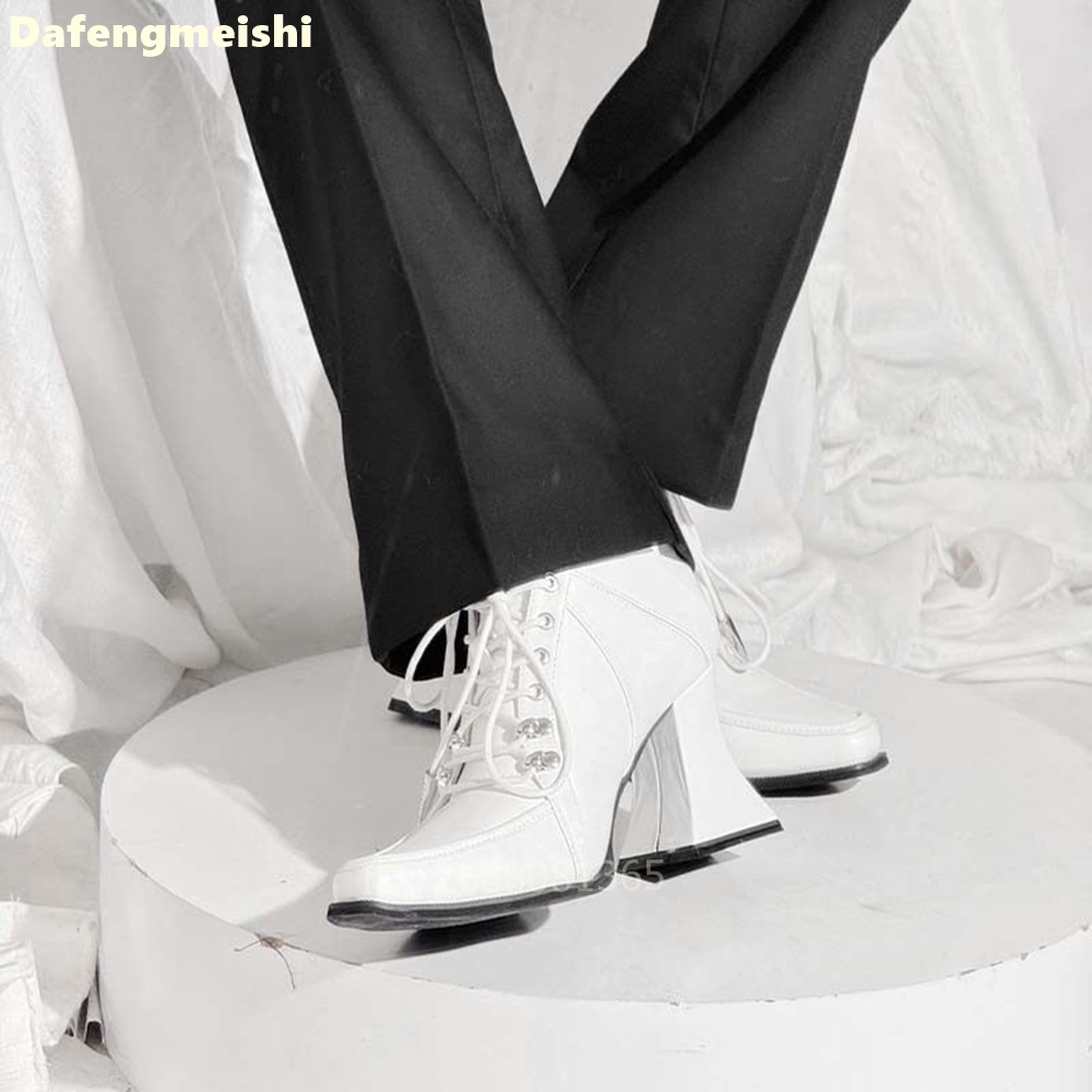 화이트 가죽 스퀘어토 앵클 부츠 앞뒤 레이스업 블록 힐 - Block Heel Ankle Boots 리뷰 및 가격