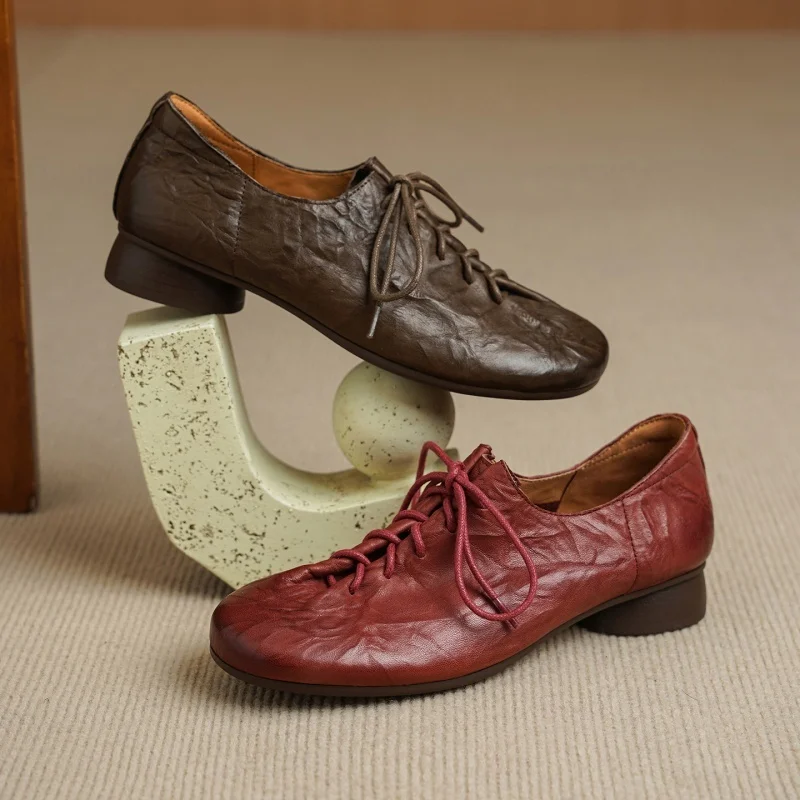 우아한 레드 정품 가죽 레이스 업 여성 로퍼 패션 라운 - Women'S Shoes Non Slip 리뷰 및 가격