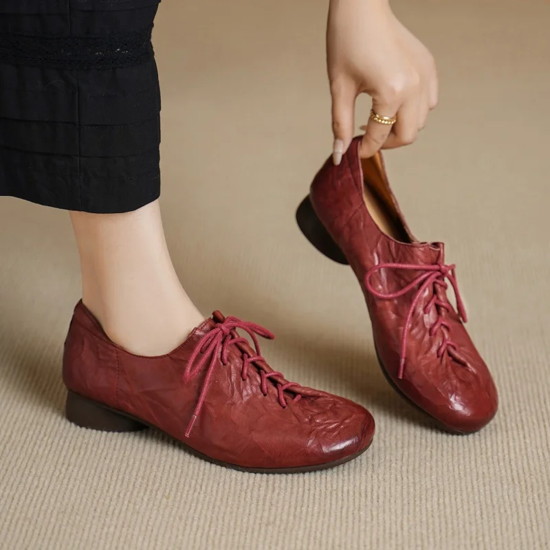 우아한 레드 정품 가죽 레이스 업 여성 로퍼 패션 라운 - Women'S Shoes Non Slip 리뷰 및 가격