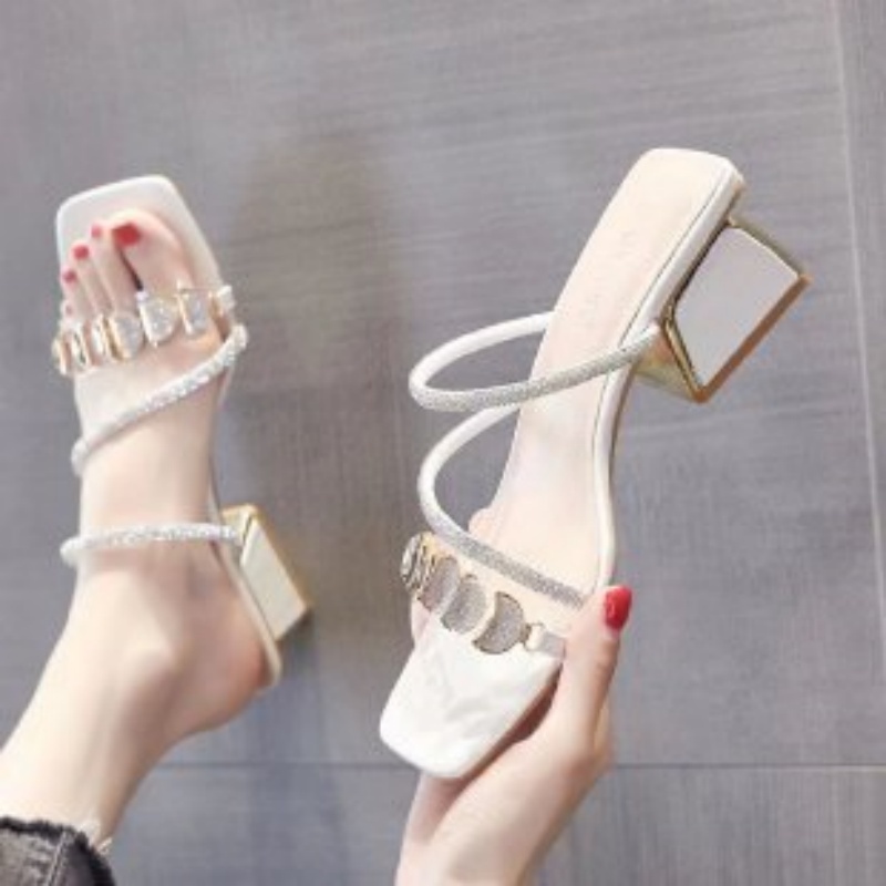 여성 여름 라인스톤 투명 스트랩 샌들 스퀘어 토 블록  - Clear Strap Heel 리뷰 및 가격