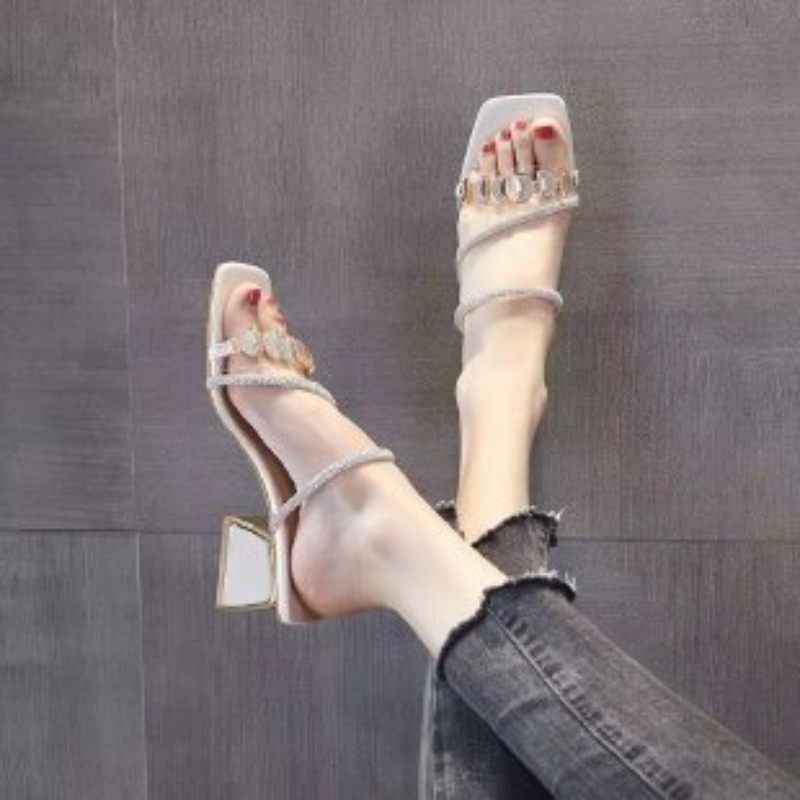 여성 여름 라인스톤 투명 스트랩 샌들 스퀘어 토 블록  - Clear Strap Heel 리뷰 및 가격